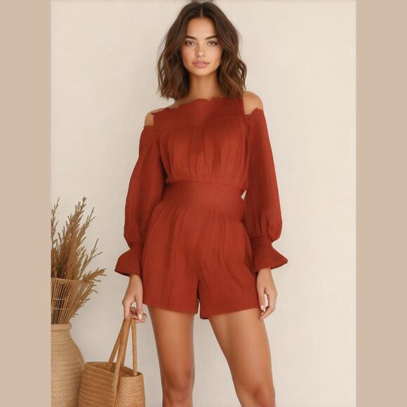 Trina Turk Off Shoulder Romper M Rust Bell Sleeve Boho Resortwear Beachy swim - Picture 1 of 9